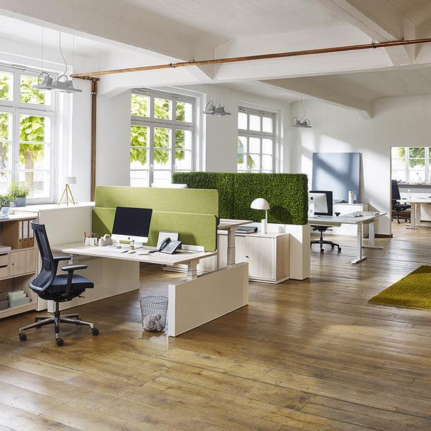 Impression eines Großraumbüros mit Schreibtischen