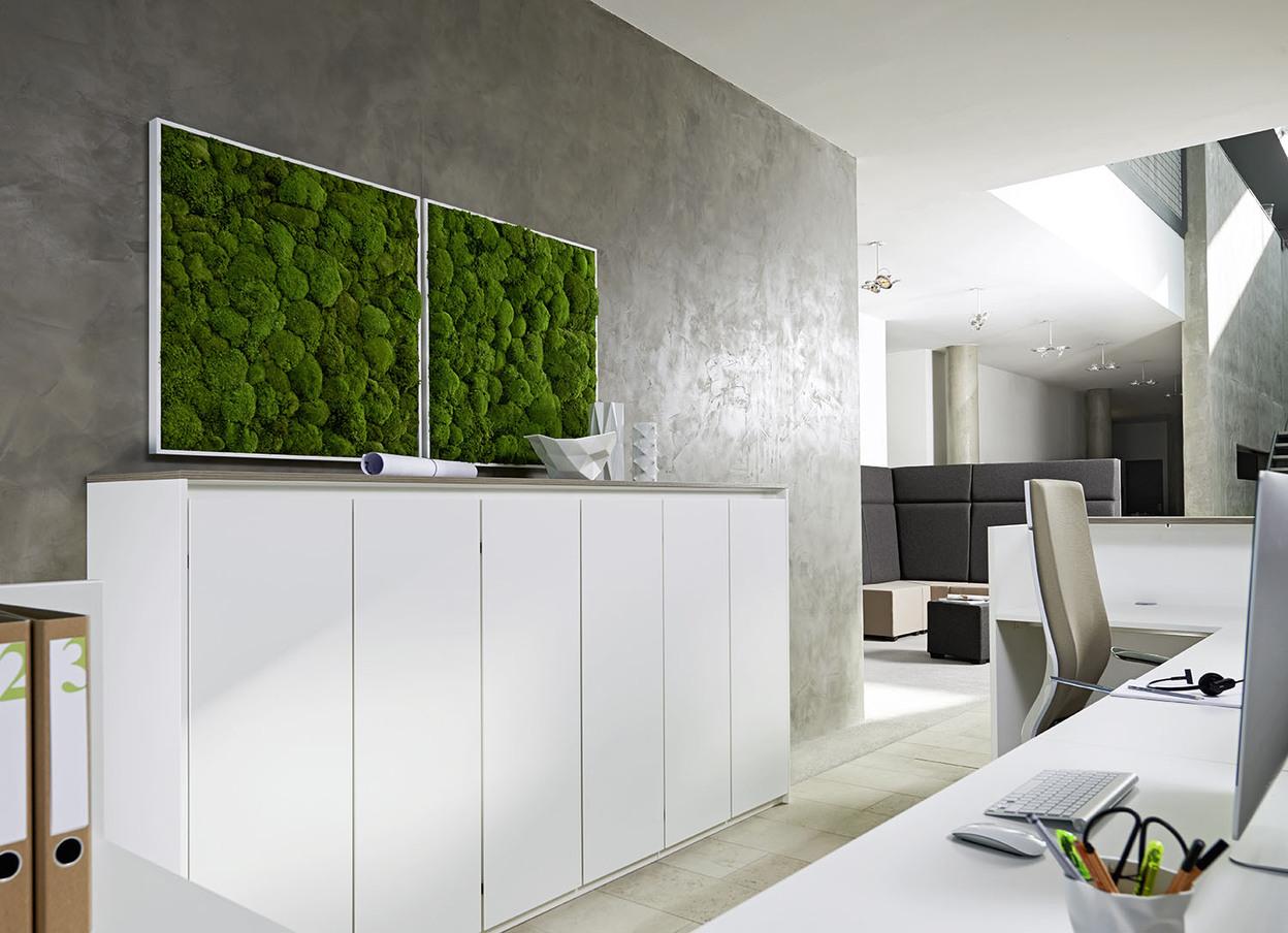 Impression eines Empfangsbereichs mit weißen Aktenschränken und einem Bürostuhl an einem Schreibtisch