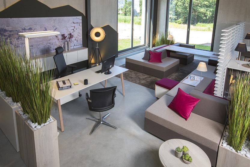 Büro mit Loungelementen Schreibtisch neben Loungelementen in grau mit pinken Kissen